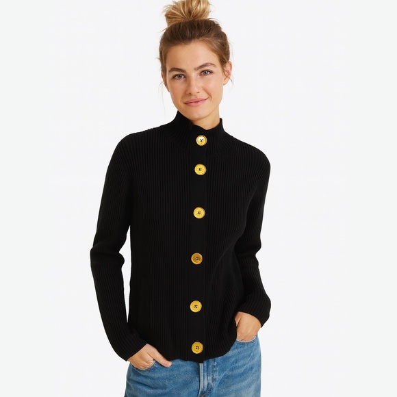 Charter Club Sweater Women's M Black Ribbed Gold Buttons Mock Neck Minimalist - Picture 1 of 7